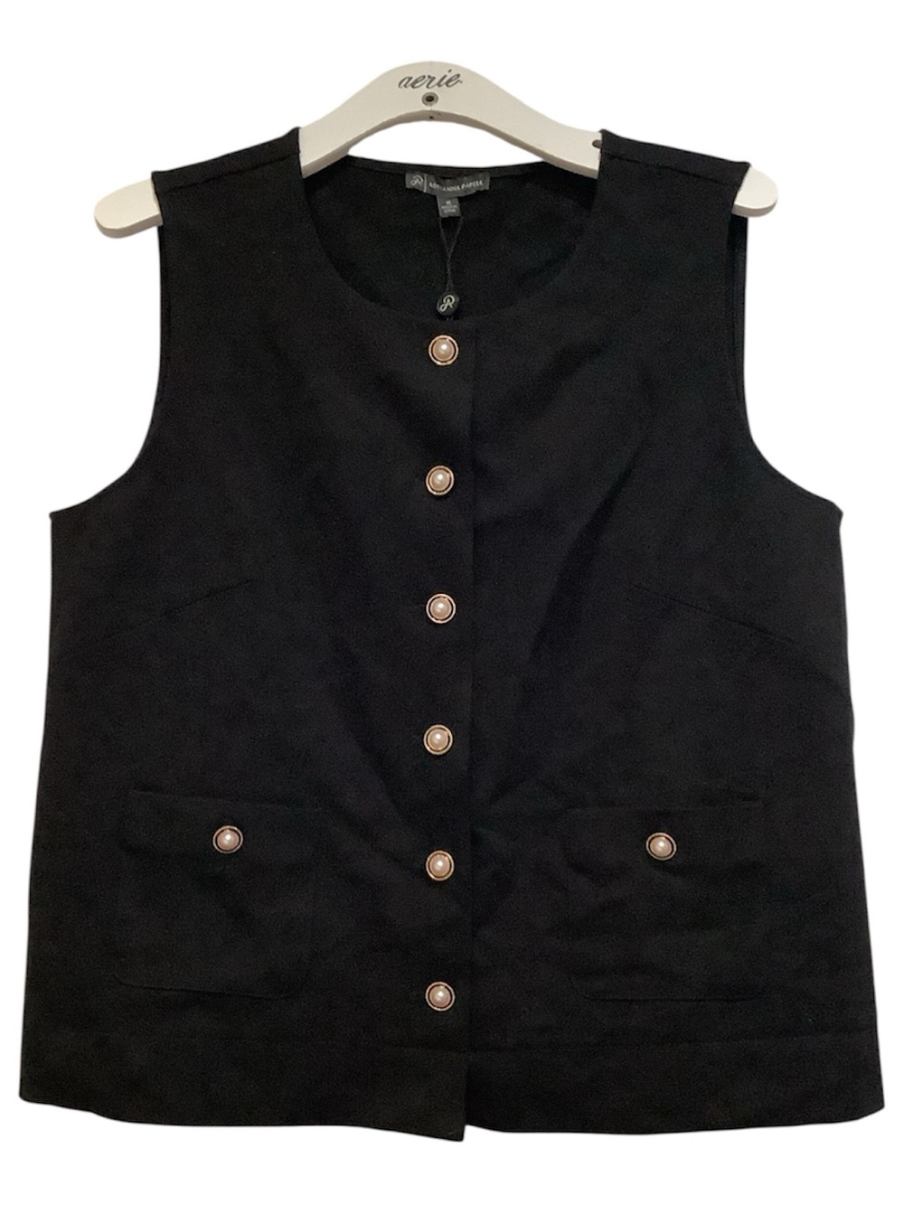 Adrianna Papell Black Dress Top with Decorative Pearl Button